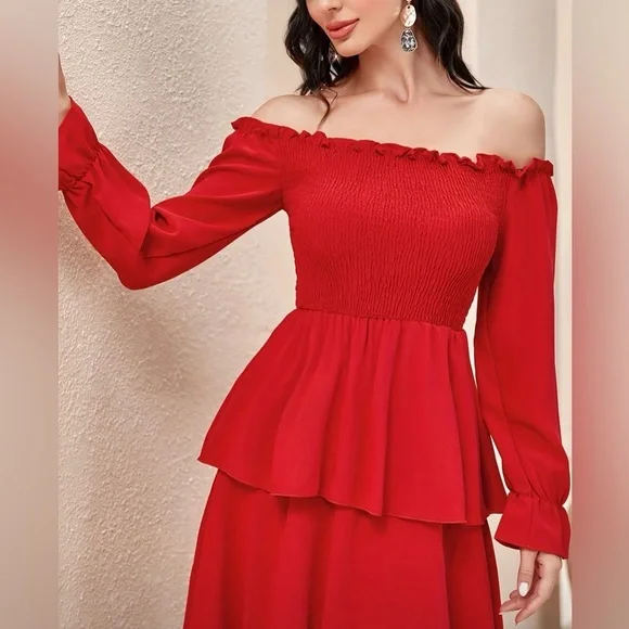 Red Off-Shoulder Tiered Maxi Dress – NWOT – Size L - Picture 5 of 6